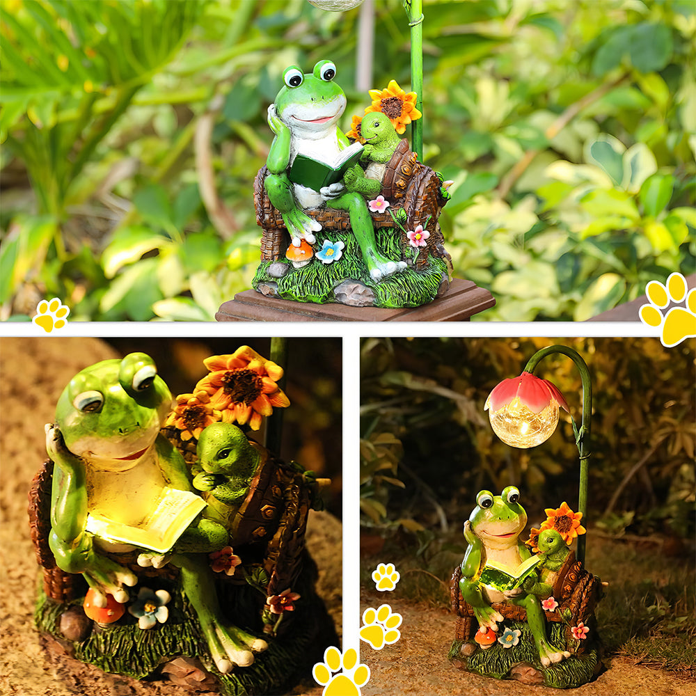 Solar Garden Frog Statue with Cracked Glass Ball Outdoor Decor