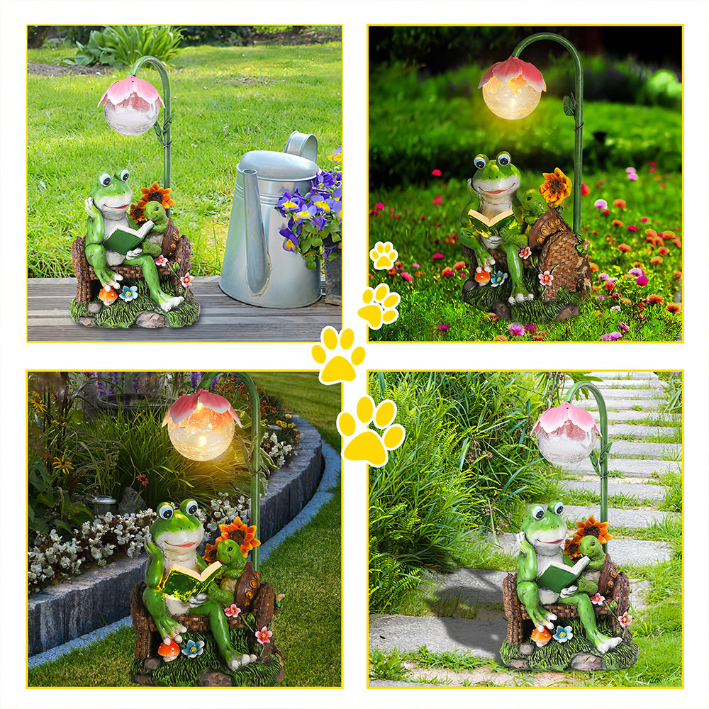 Solar Garden Frog Statue with Cracked Glass Ball Outdoor Decor