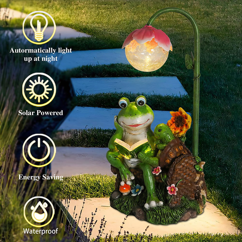 Solar Garden Frog Statue with Cracked Glass Ball Outdoor Decor