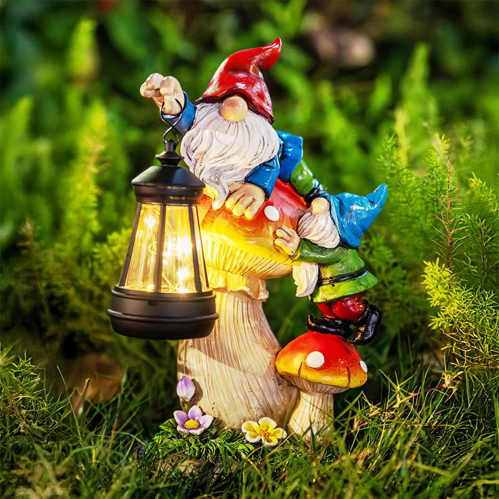 Solar Garden Gnome Statue with Lantern Outdoor Yard Decoration