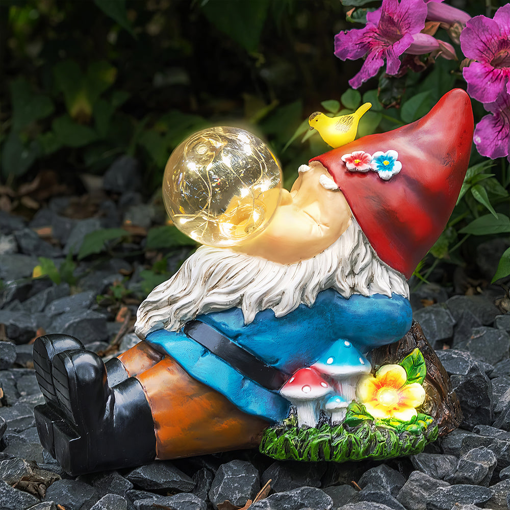 Solar Garden Gnome Statue with Lantern Outdoor Yard Decoration
