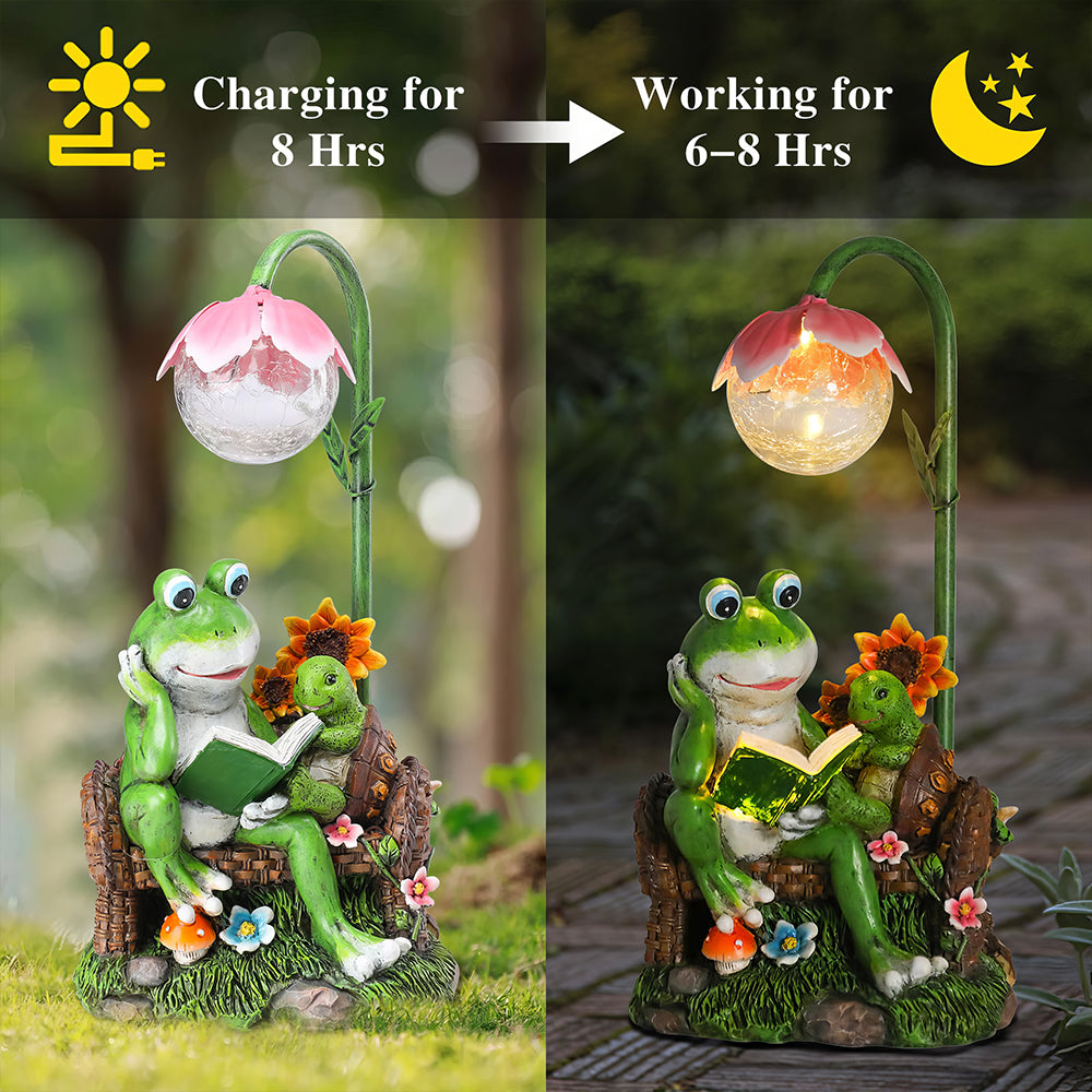 Solar Garden Frog Statue with Cracked Glass Ball Outdoor Decor
