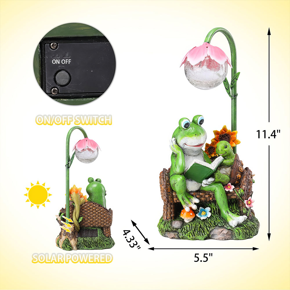 Solar Garden Frog Statue with Cracked Glass Ball Outdoor Decor