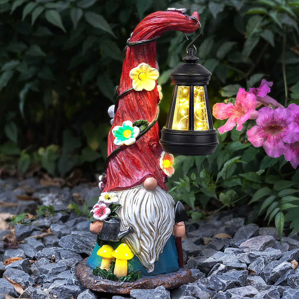 Solar Garden Gnome Statue with Lantern Outdoor Yard Decoration
