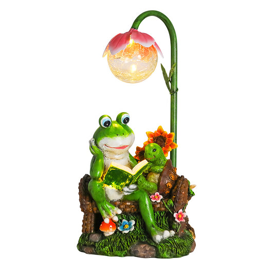Solar Garden Frog Statue with Cracked Glass Ball Outdoor Decor