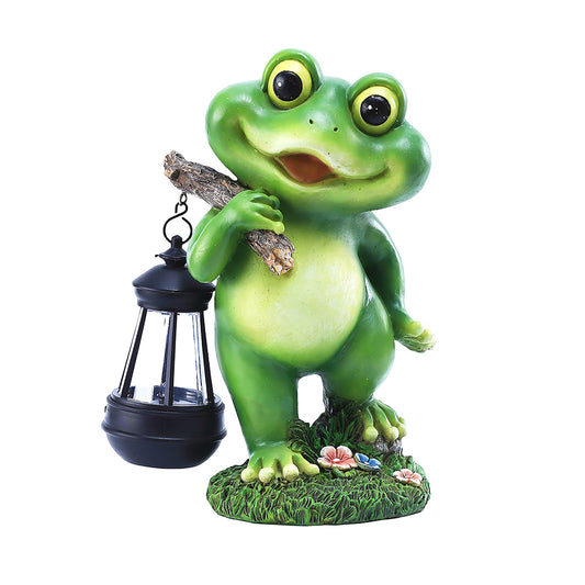 Solar Frog Garden Statue with LED Lantern Outdoor Resin Decor 11 Inch